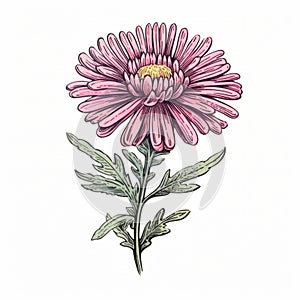 Colorized Victorian-inspired Pink Chrysanthemum Flower Illustration