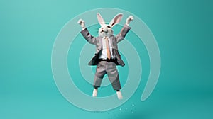 Colorized Vray Tracing: Bunny In Business Suit Jumping In Air