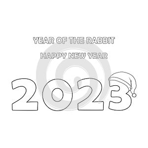 Colorless 2023 text with Christmas santa claus hat. Black and white template page for coloring book with New Year decorative
