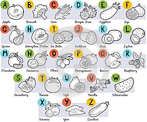 Colorless alphabet for children: fruits and vegetables