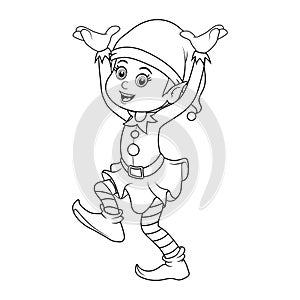 Colorless cartoon Christmas Elf. Black and white template page for coloring book with Santa Claus helper elf. Cute smiling gnome