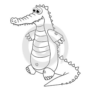 Colorless cartoon Crocodile is running. Coloring pages. Template page for coloring book of funny alligator for kids. Practice