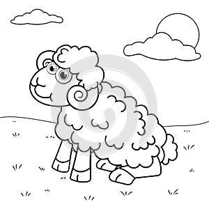 Colorless cartoon Mutton sitting on lawn. Coloring pages. Template page for coloring book of funny Ram for kids. Practice