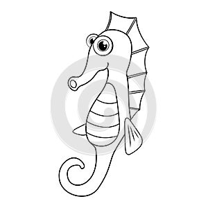 Colorless cartoon Sea Horse. Coloring page. Template page for coloring book of funny sea fish for kids. Aquatic creature. Practice