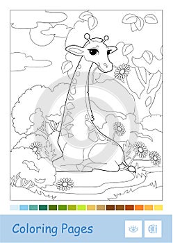 Colorless contour iillustration of eating a flower giraffe in the woodland in a frame. Wild animals, mammals, herbivores preschool