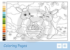 Colorless contour image of cute couple of Easter rabbits with Easter eggs in a basket and suggested palette. Wild