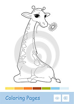 Colorless contour image of eating a flower giraffe isolated on white and suggested palette. Wild animals, mammals, herbivores