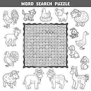 Colorless crossword about farm animals. Word search puzzle