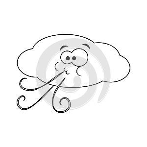 Colorless funny cartoon cloud blows wind. Vector illustration. C