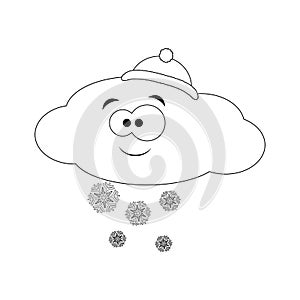 Colorless funny cartoon cloud in hat with snow. Vector illustration. Coloring page. Preschool education.