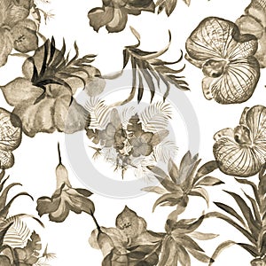 Colorless Hibiscus Wallpaper. Gray Flower Print. Brown Watercolor Garden. Floral Leaves. Seamless Set.Pattern Foliage. Tropical De