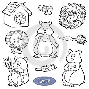 Colorless set of cute domestic animals and objects (hamsters)