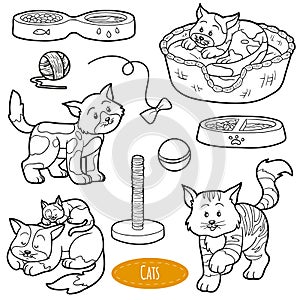 Colorless set of cute domestic animals and objects, vector cats
