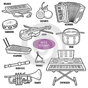 Colorless set with musical instruments photo