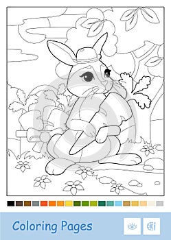 Colorless vector contour illustration of bunny in a hat picking carrots in a wood isolated on white and suggested