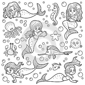 Colorless vector set of little girls mermaids and fish photo