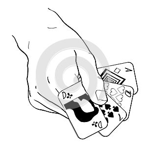 Colorng playing cards in the hands . vector illustration