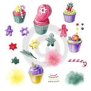 Colorpencils hand painted sweet christmas cupcakes, gingerbreads and abstract spots