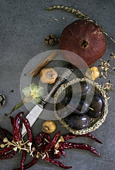 Colors of autumn. Still life with dried fruits and flowers.