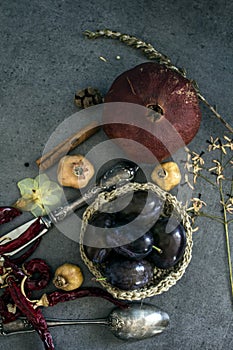 Colors of autumn. Still life with dried fruits and flowers.