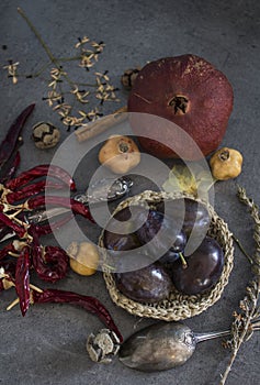 Colors of autumn. Still life with dried fruits and flowers.