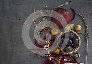 Colors of autumn. Still life with dried fruits and flowers.