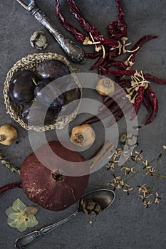 Colors of autumn. Still life with dried fruits and flowers.