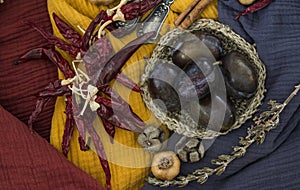 Colors of autumn. Still life with dried fruits and flowers.