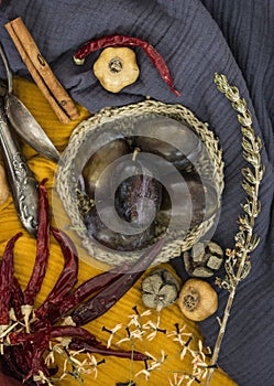 Colors of autumn. Still life with dried fruits and flowers.