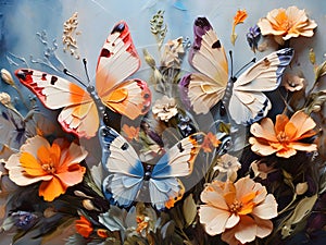 Colors butterflies painted with oil paints and delicate wildflowers Colorful oil paint art