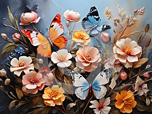 Colors butterflies painted with oil paints and delicate wildflowers Colorful oil paint art