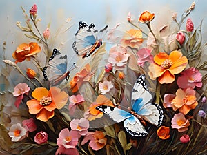 colors butterflies painted with oil paints and delicate wildflowers Colorful oil paint art