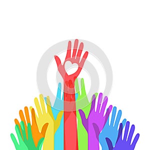 Colors hands up. hands up with heart love. Volunteer vector concept raising hands