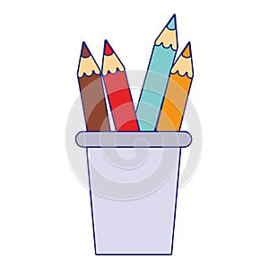 Colors pencils in cup cartoon isolated blue lines