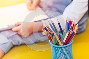 Colors pencils with Kids Drawing Arts, Creative Education and learning in School concept