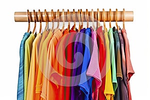 Colors of rainbow. Variety of casual clothes on wooden hangers, isolated on white