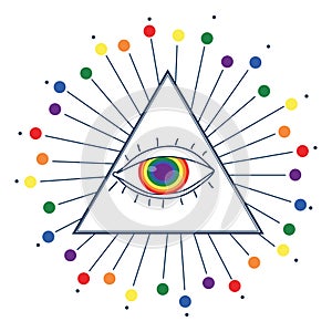 The colors and symbols of the LGBT community. The rainbow flag inside the eye. Conceptual illustration. Vector design for poster,