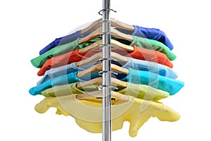 Colors t-shirts hang on closing rack isolated on white