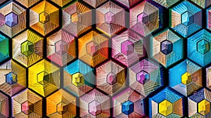 colors on the tips of a set of pencils arranged in a hexagonal pattern against a colorful backdrop. SEAMLESS PATTERN
