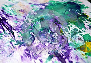 Colors, wet blue green painting spots background, paint and water