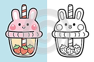 Colorting book.Panting book for kid.Cute rabbit strawberry bubble milk tea cup hand drawn