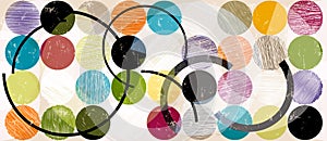 Colorufl abstract background pattern, with circles, dots, semicircles, lines, paint strokes and splashes photo