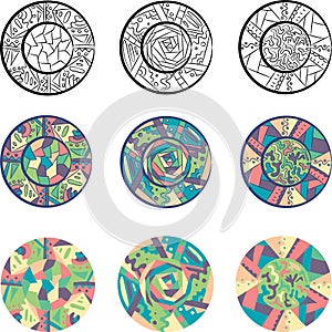 Colorul elements pack with sketches and hippie motifs. Bohemian mandala with ethnic and traditional decoration. African filigree p