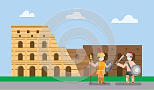 Coloseum rome, italy with gladiator in flat illustration vector background