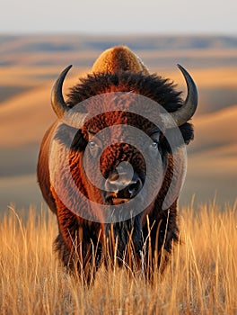 Colossal bison roams the vast, windswept prairie, a symbol of strength and resilience, Ai Generated
