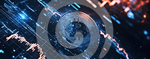 Colossal Bitcoin coin floats amidst dynamic data streams in the vastness of space during a digital revolution photo