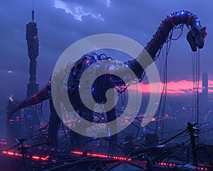 A colossal Brachiosaurus entangled in the cables of a crypto data center, city skyline in turmoil at dusk