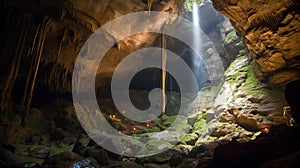 A colossal cave with light and waterfall from above.