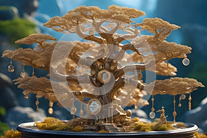 A colossal clockwork tree, its intricate gears and mechanisms reaching towards the sky