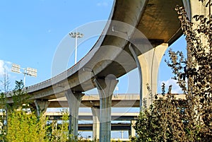 A colossal concrete motorway flyover access and egress.